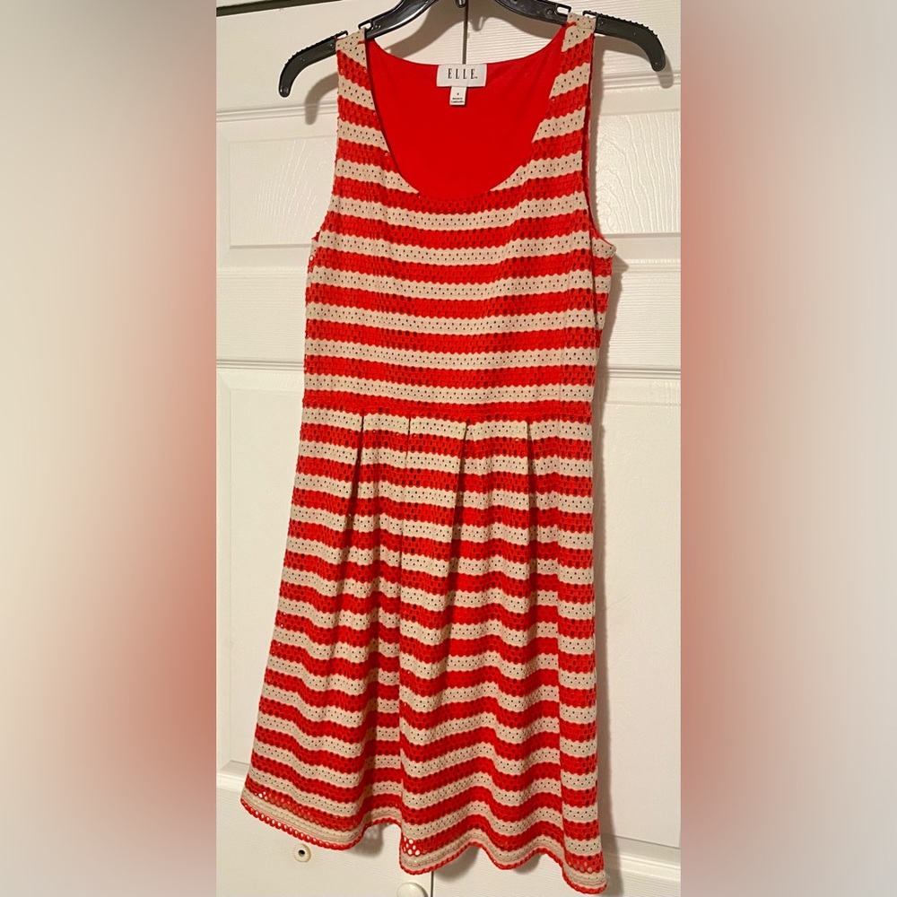 Elle Red & White Striped Textured Eyelet Sleeveless Dress - Size 8